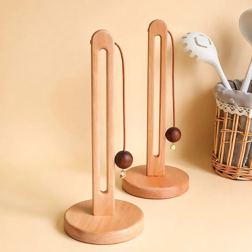 12.5x29cm Beech Wood Paper Towel Holder Desktop U-Shape Kitchen Roll Holder Stand Cling Film Storage Rack - Rabbit Pendant - 7