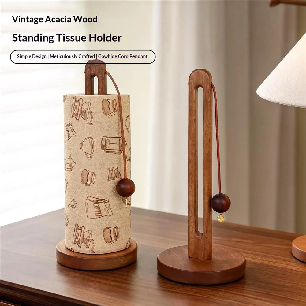 13x31cm Acacia Wood Paper Towel Holder Desktop U-Shape Kitchen Roll Holder Stand Cling Film Storage Rack - Rabbit Pendant - 3
