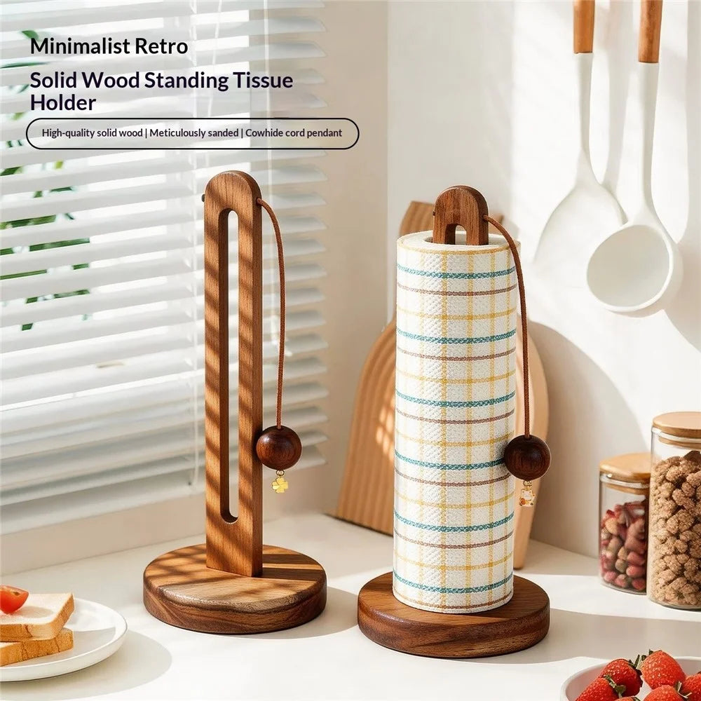13x31cm Acacia Wood Paper Towel Holder Desktop U-Shape Kitchen Roll Holder Stand Cling Film Storage Rack - Rabbit Pendant - 4