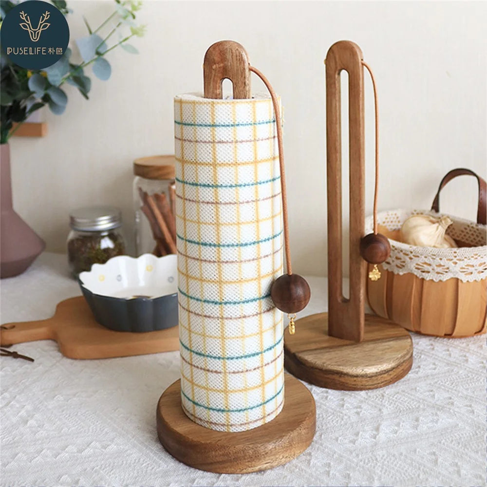 13x31cm Acacia Wood Paper Towel Holder Desktop U-Shape Kitchen Roll Holder Stand Cling Film Storage Rack - Rabbit Pendant - 5