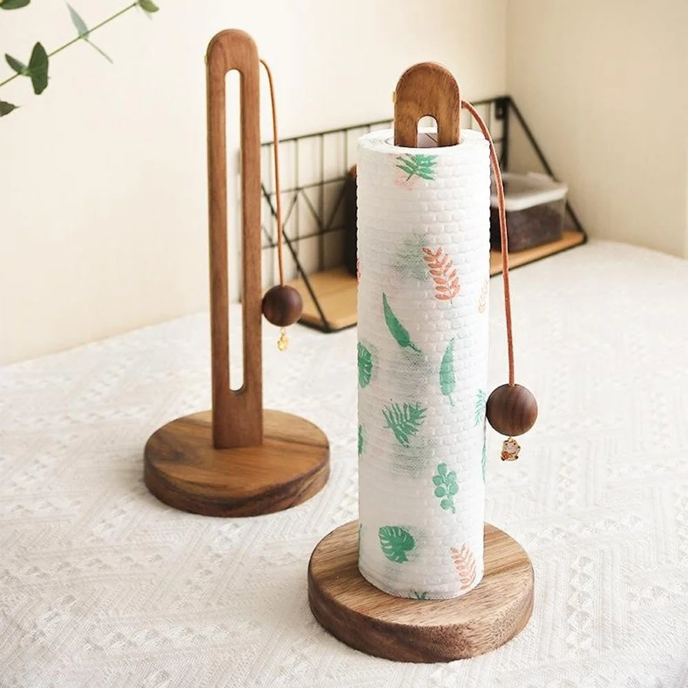 13x31cm Acacia Wood Paper Towel Holder Desktop U-Shape Kitchen Roll Holder Stand Cling Film Storage Rack - Rabbit Pendant - 6
