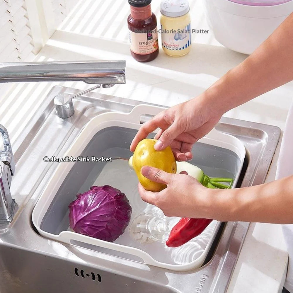 Collapsible Kitchen Strainer Basket with Dual Handles Square Drain Basket for Vegetable Fruit Washing - Grey+White - 4