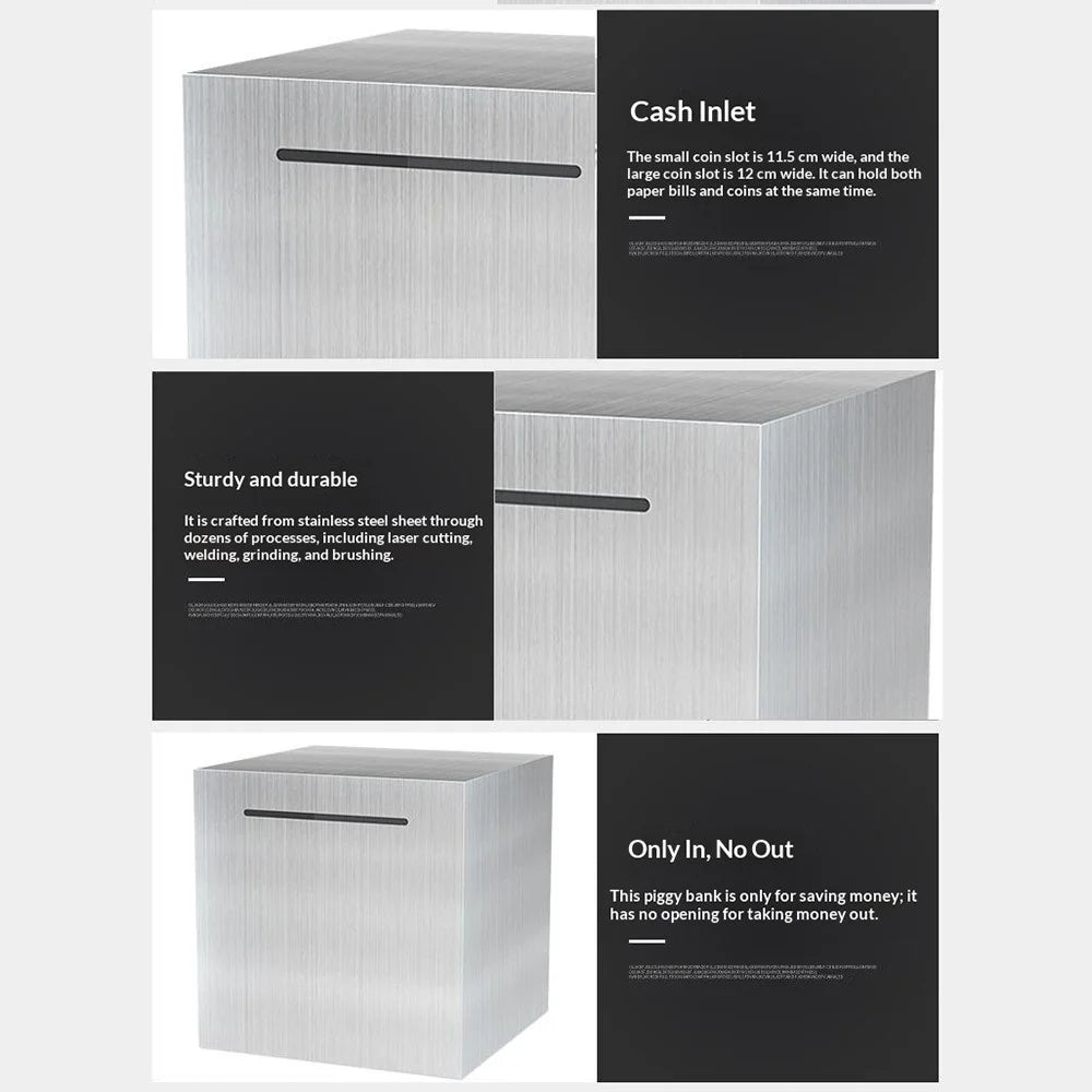 12x12cm Cube Shape Stainless Steel Piggy Bank Money Saving Box for Coin Cash Storage - 6
