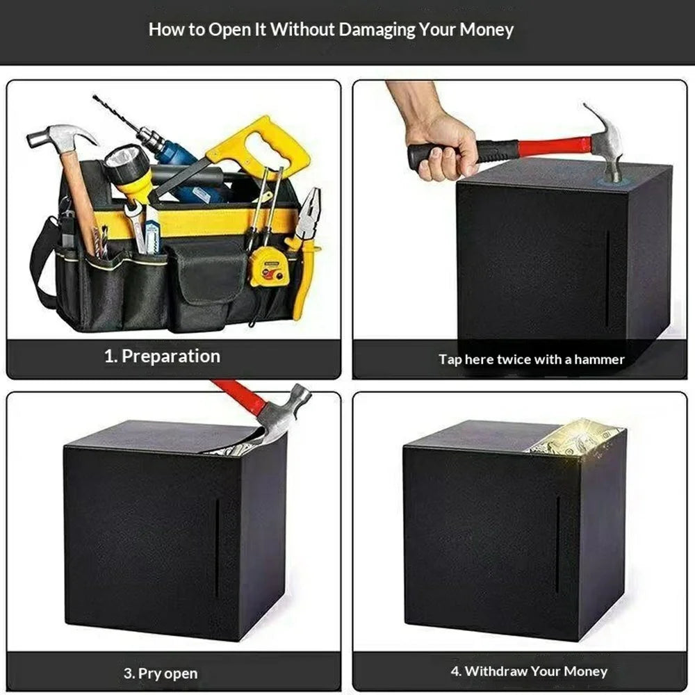 12x12cm Cube Shape Stainless Steel Piggy Bank Money Saving Box for Coin Cash Storage - Black - 3