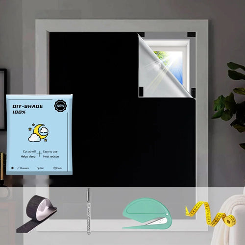 1.45x2m No-Drill Magic Tape Blackout Curtains 420D Oxford Fabric DIY Cuttable Sunshade Cover Window Curtain - Black  /  Silver - 1