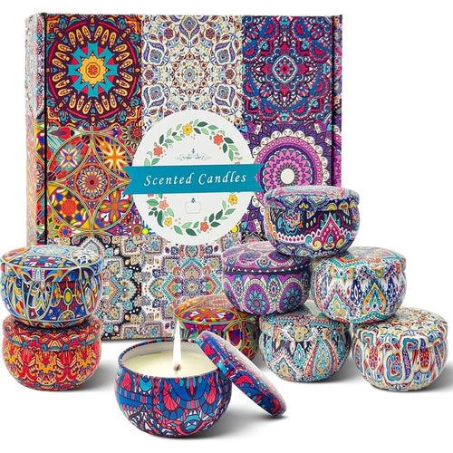 9Pcs Scented Candles Set Bohemian Metal Tin 20-Hour Burn Time Soy Wax Aromatherapy Candles Kit for Home Yoga - 1