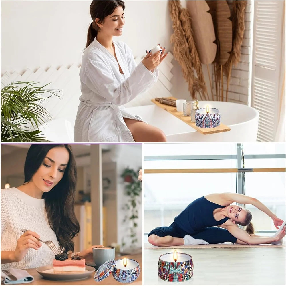 9Pcs Scented Candles Set Bohemian Metal Tin 20-Hour Burn Time Soy Wax Aromatherapy Candles Kit for Home Yoga - 3