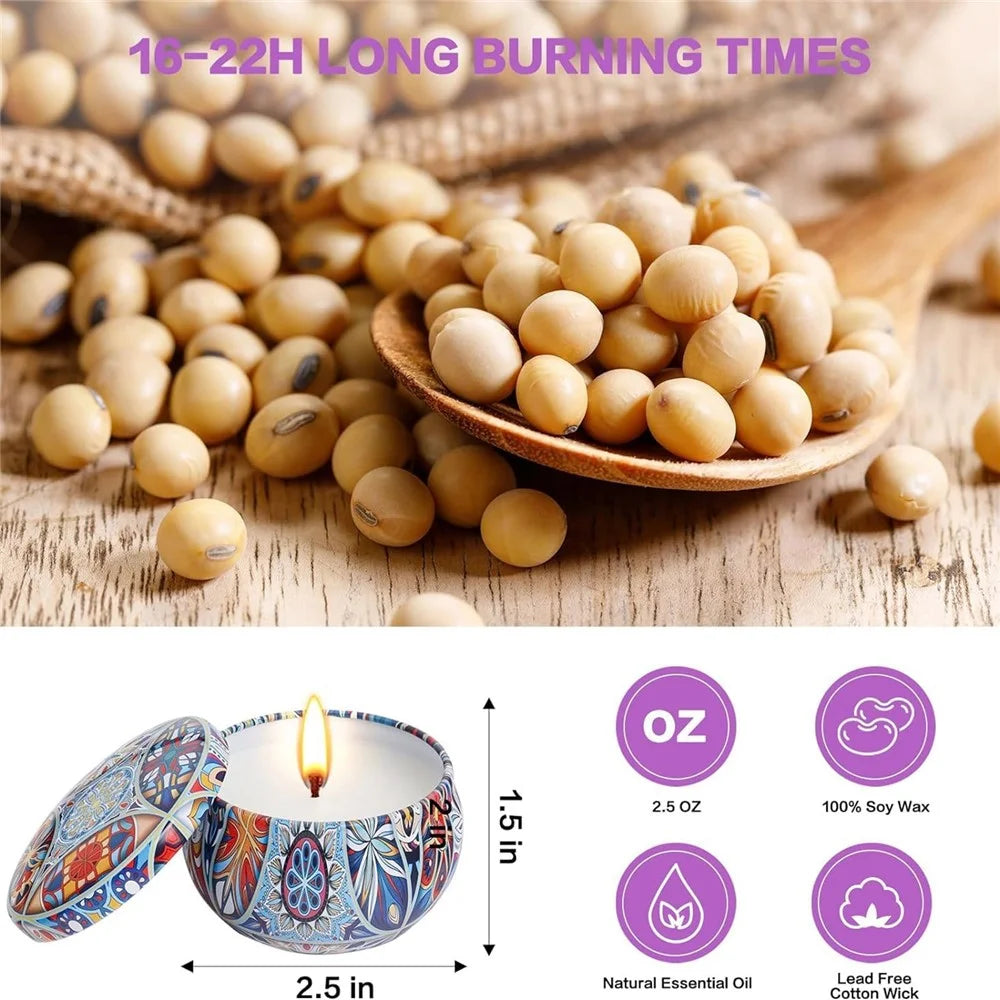 9Pcs Scented Candles Set Bohemian Metal Tin 20-Hour Burn Time Soy Wax Aromatherapy Candles Kit for Home Yoga - 5