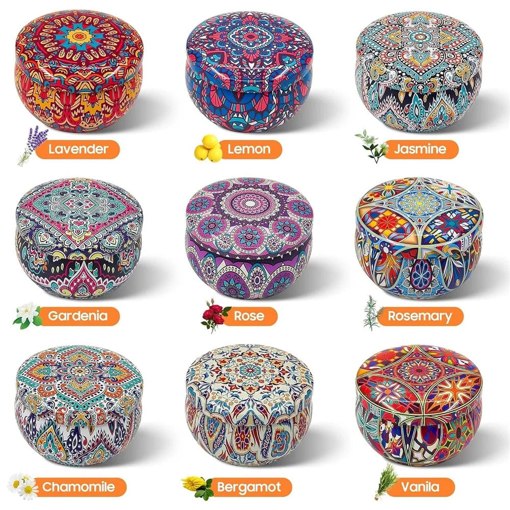 9Pcs Scented Candles Set Bohemian Metal Tin 20-Hour Burn Time Soy Wax Aromatherapy Candles Kit for Home Yoga - 7