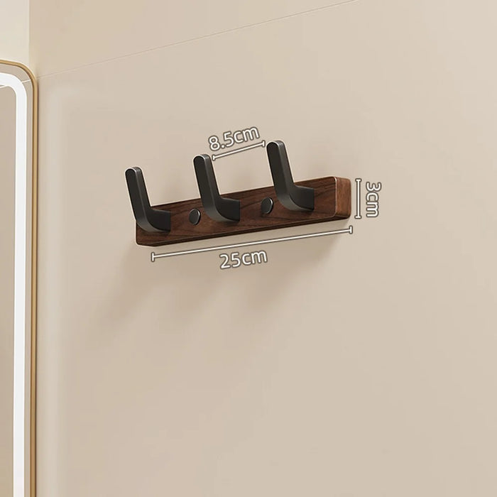 3-Hook Space Aluminum + Solid Wood Wall Mounted Hanger Rack Drill Free Installation for Bathroom Entryway - Walnut Wood+Black - 1