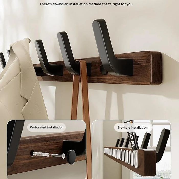 3-Hook Space Aluminum + Solid Wood Wall Mounted Hanger Rack Drill Free Installation for Bathroom Entryway - Walnut Wood+Black - 2