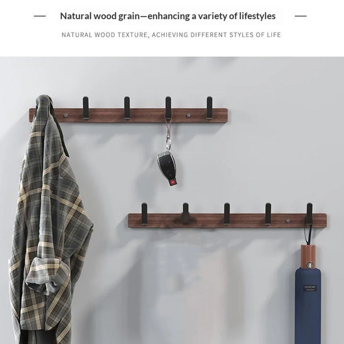 3-Hook Space Aluminum + Solid Wood Wall Mounted Hanger Rack Drill Free Installation for Bathroom Entryway - Walnut Wood+Black - 4