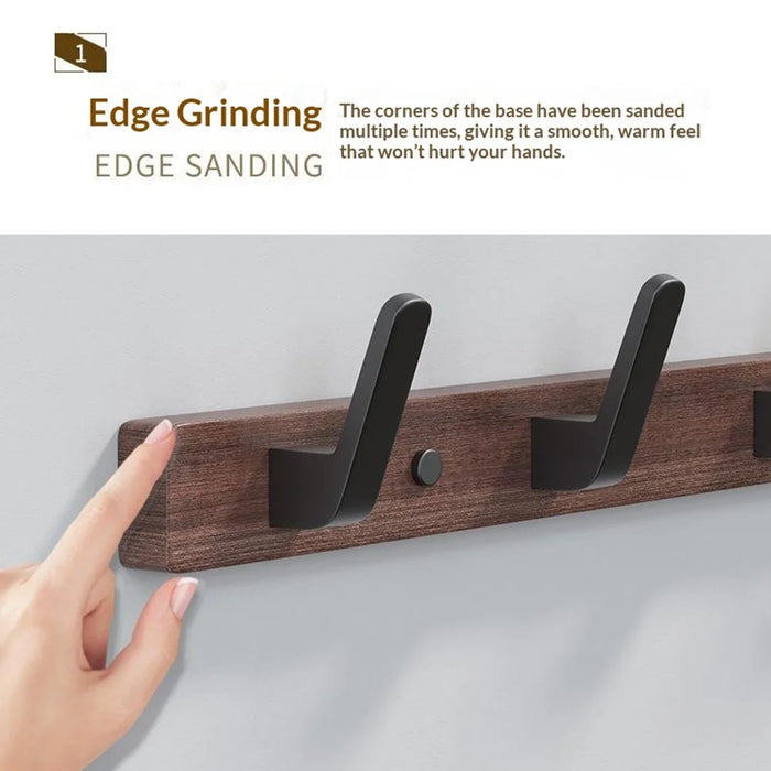 3-Hook Space Aluminum + Solid Wood Wall Mounted Hanger Rack Drill Free Installation for Bathroom Entryway - Walnut Wood+Black - 7