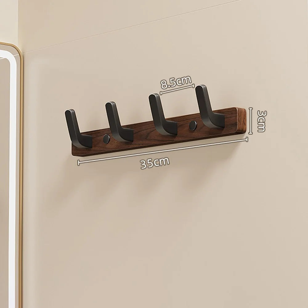 4-Hook Space Aluminum + Solid Wood Wall Mounted Hanger Rack Drill Free Installation for Bathroom Entryway - Walnut Wood+Black - 1