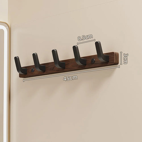 5-Hook Space Aluminum + Solid Wood Wall Mounted Hanger Rack Drill Free Installation for Bathroom Entryway - Walnut Wood+Black - 1