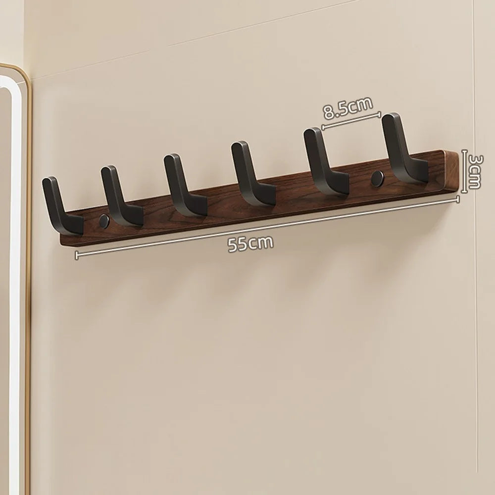 6-Hook Space Aluminum + Solid Wood Wall Mounted Hanger Rack Drill Free Installation for Bathroom Entryway - Walnut Wood+Black - 1