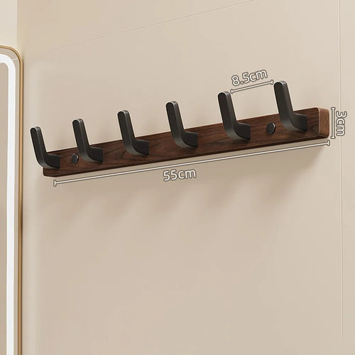 6-Hook Space Aluminum + Solid Wood Wall Mounted Hanger Rack Drill Free Installation for Bathroom Entryway - Walnut Wood+Black - 1