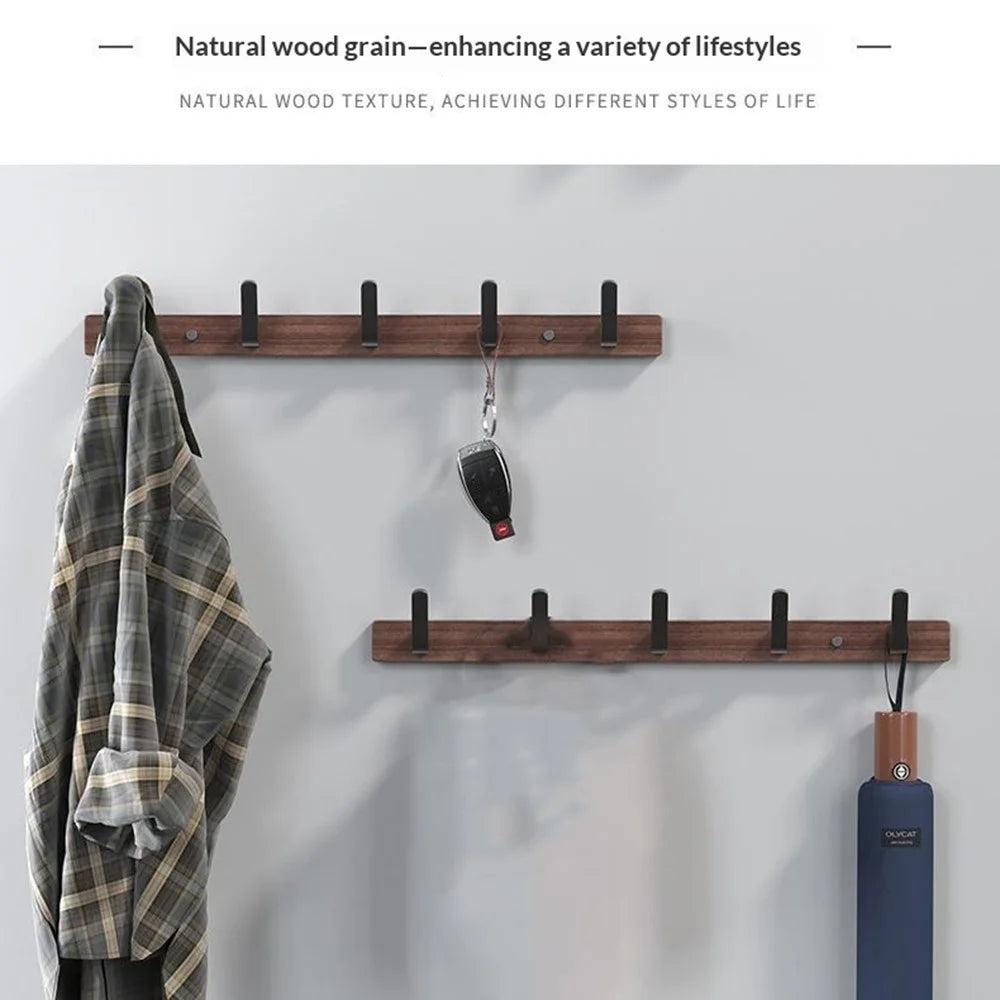 6-Hook Space Aluminum + Solid Wood Wall Mounted Hanger Rack Drill Free Installation for Bathroom Entryway - Walnut Wood+Black - 4