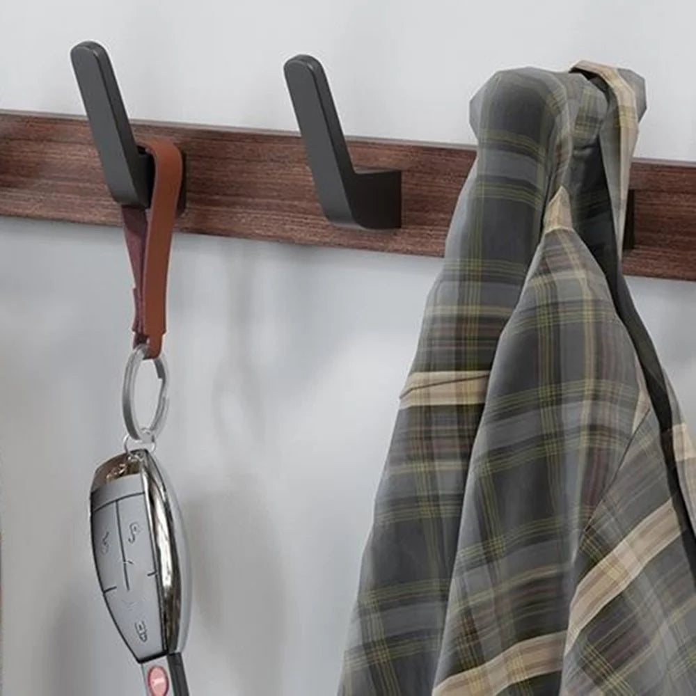 6-Hook Space Aluminum + Solid Wood Wall Mounted Hanger Rack Drill Free Installation for Bathroom Entryway - Walnut Wood+Black - 6