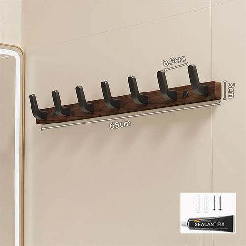 7-Hook Space Aluminum + Solid Wood Wall Mounted Hanger Rack Drill Free Installation for Bathroom Entryway - Walnut Wood+Black - 1