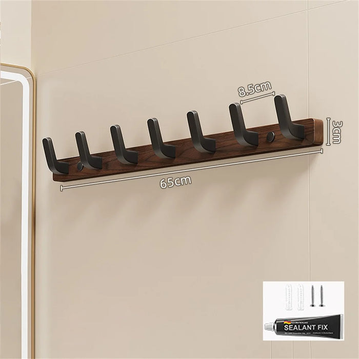 7-Hook Space Aluminum + Solid Wood Wall Mounted Hanger Rack Drill Free Installation for Bathroom Entryway - Walnut Wood+Black - 1