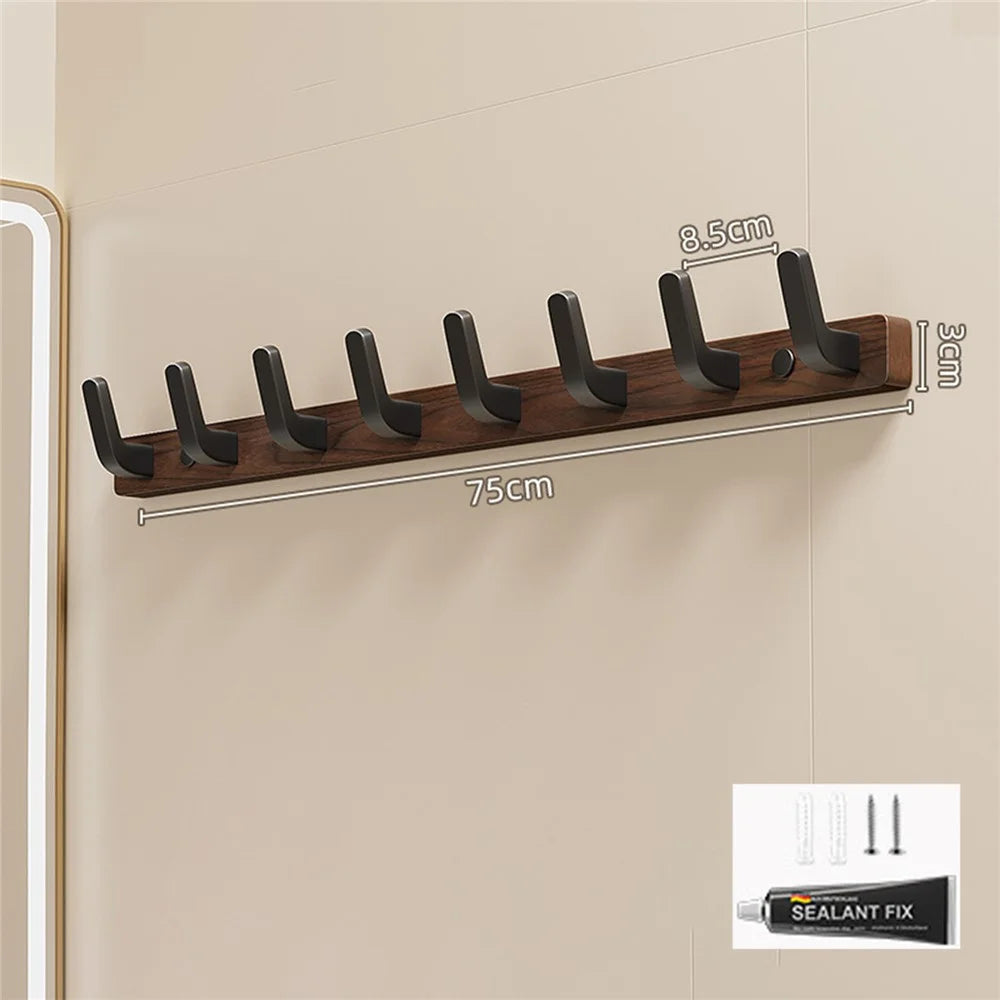 8-Hook Space Aluminum + Solid Wood Wall Mounted Hanger Rack Drill Free Installation for Bathroom Entryway - Walnut Wood+Black - 1