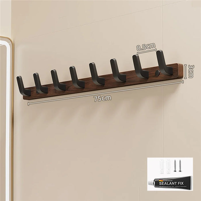 8-Hook Space Aluminum + Solid Wood Wall Mounted Hanger Rack Drill Free Installation for Bathroom Entryway - Walnut Wood+Black - 1