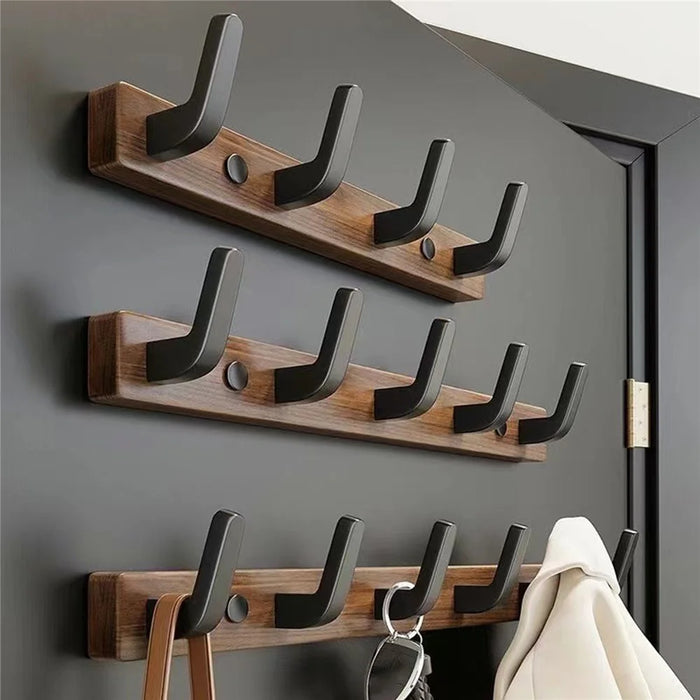 8-Hook Space Aluminum + Solid Wood Wall Mounted Hanger Rack Drill Free Installation for Bathroom Entryway - Walnut Wood+Black - 2