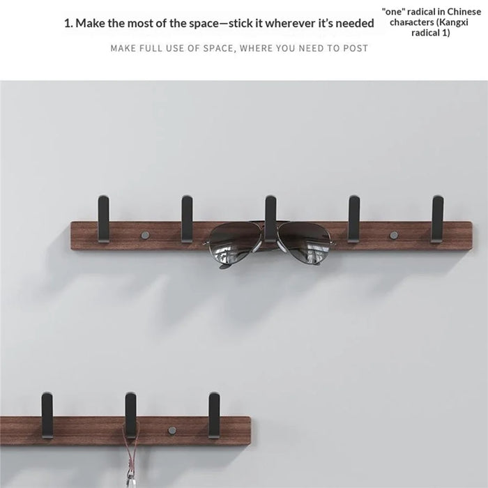 8-Hook Space Aluminum + Solid Wood Wall Mounted Hanger Rack Drill Free Installation for Bathroom Entryway - Walnut Wood+Black - 4