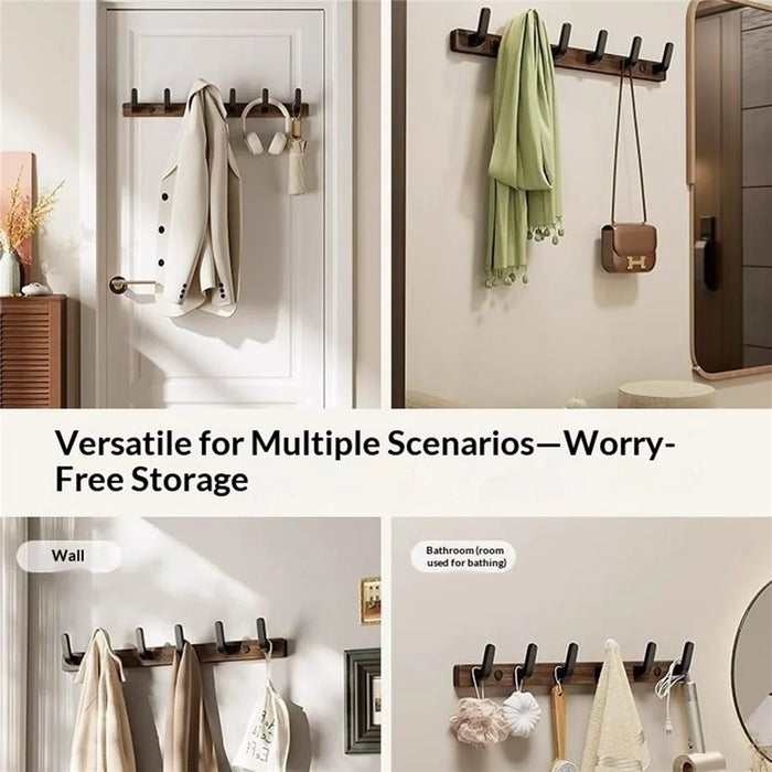 8-Hook Space Aluminum + Solid Wood Wall Mounted Hanger Rack Drill Free Installation for Bathroom Entryway - Walnut Wood+Black - 7