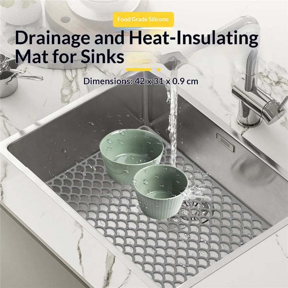 Size S 42x31cm Silicone Kitchen Sink Mat Anti-Slip Heat Resistant Hollow Drain Pad (FDA Certified) - Grey - 3