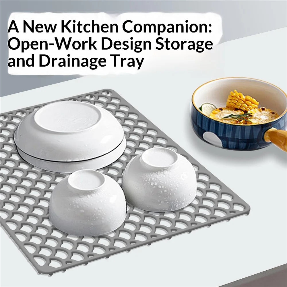 Size S 42x31cm Silicone Kitchen Sink Mat Anti-Slip Heat Resistant Hollow Drain Pad (FDA Certified) - Grey - 5