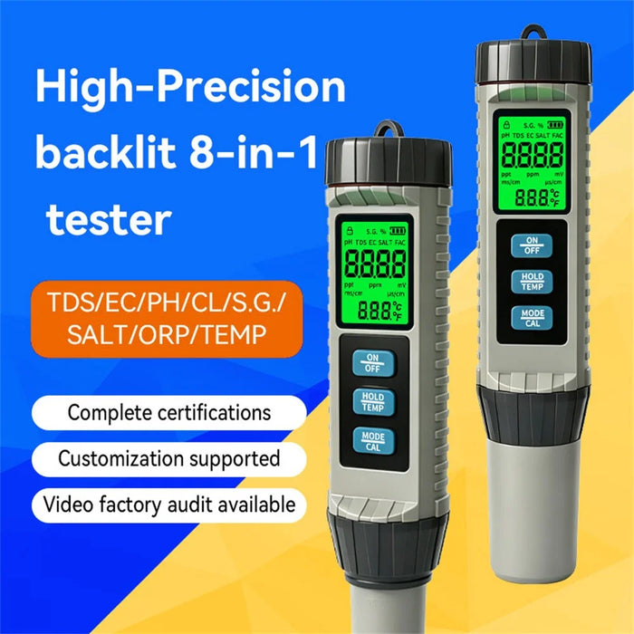 MF-X81 8 in 1 Digital Water Quality Tester TDS EC pH Chlorine Salinity ORP SG Temp Meter for Pool Aquarium - 2
