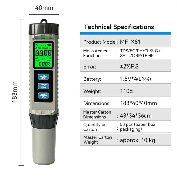 MF-X81 8 in 1 Digital Water Quality Tester TDS EC pH Chlorine Salinity ORP SG Temp Meter for Pool Aquarium - 6