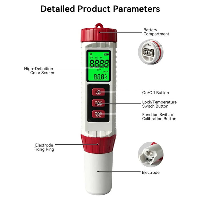 MF-X41 4-in-1 Water Quality Tester TDS EC PH Temperature Meter for Pool Aquarium Testing - 7