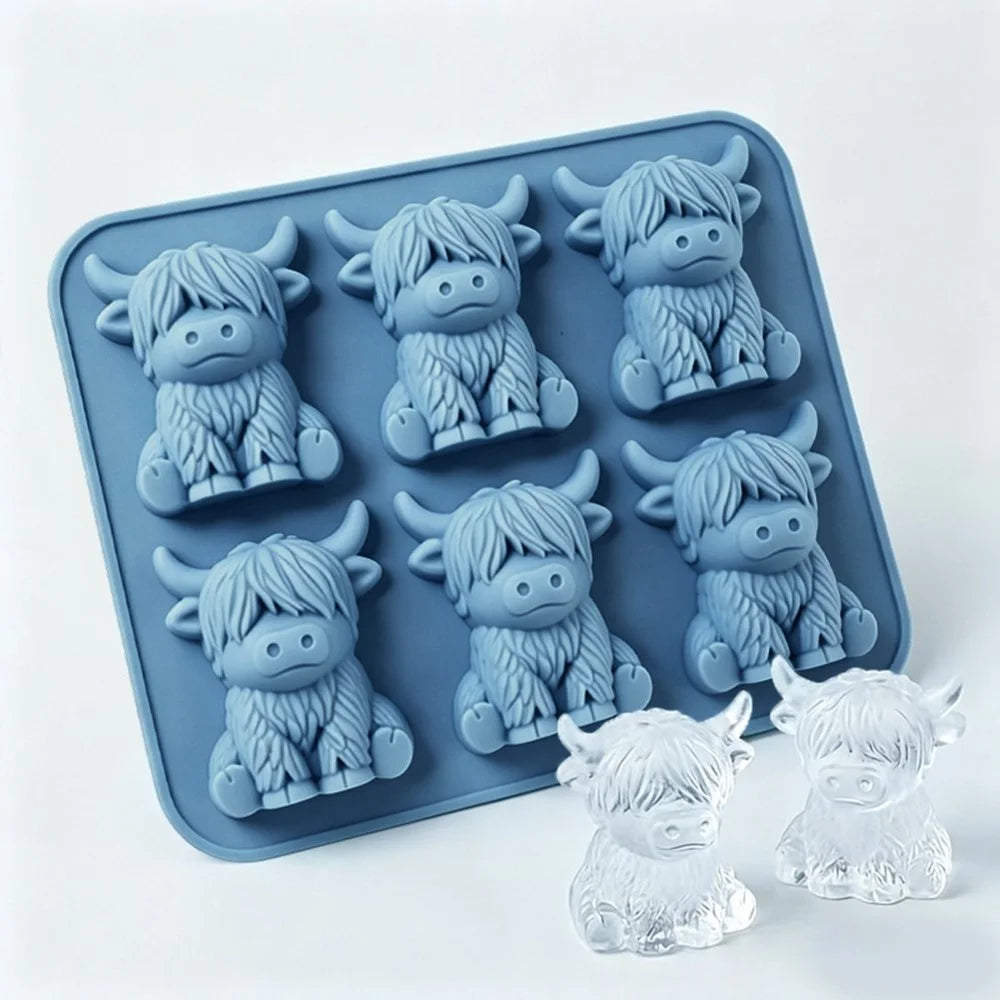 6-Grid Highland Cow Ice Cube Tray 3D Food Grade Silicone Mold for Chocolate Candy Jelly (BPA Free, No FDA) - Blue - 1
