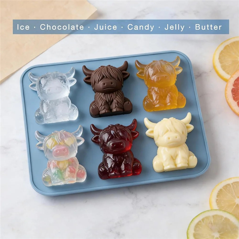 6-Grid Highland Cow Ice Cube Tray 3D Food Grade Silicone Mold for Chocolate Candy Jelly (BPA Free, No FDA) - Blue - 3