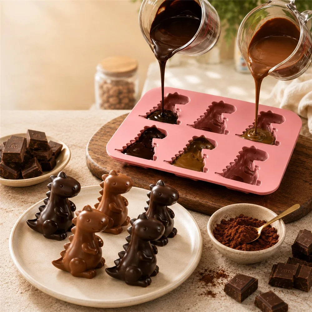 6-Grid 3D Dinosaur Ice Cube Mold Food Grade Silicone Flexible Tray for Chocolate Jelly Baking (BPA Free, No FDA) - Pink - 4