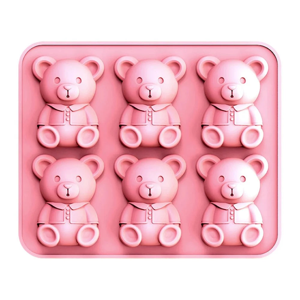 6 Grids Bear Ice Cube Tray Food Grade Silicone Ice Mold for Chocolate Jelly Pudding Baking (BPA Free, No FDA) - Pink - 1