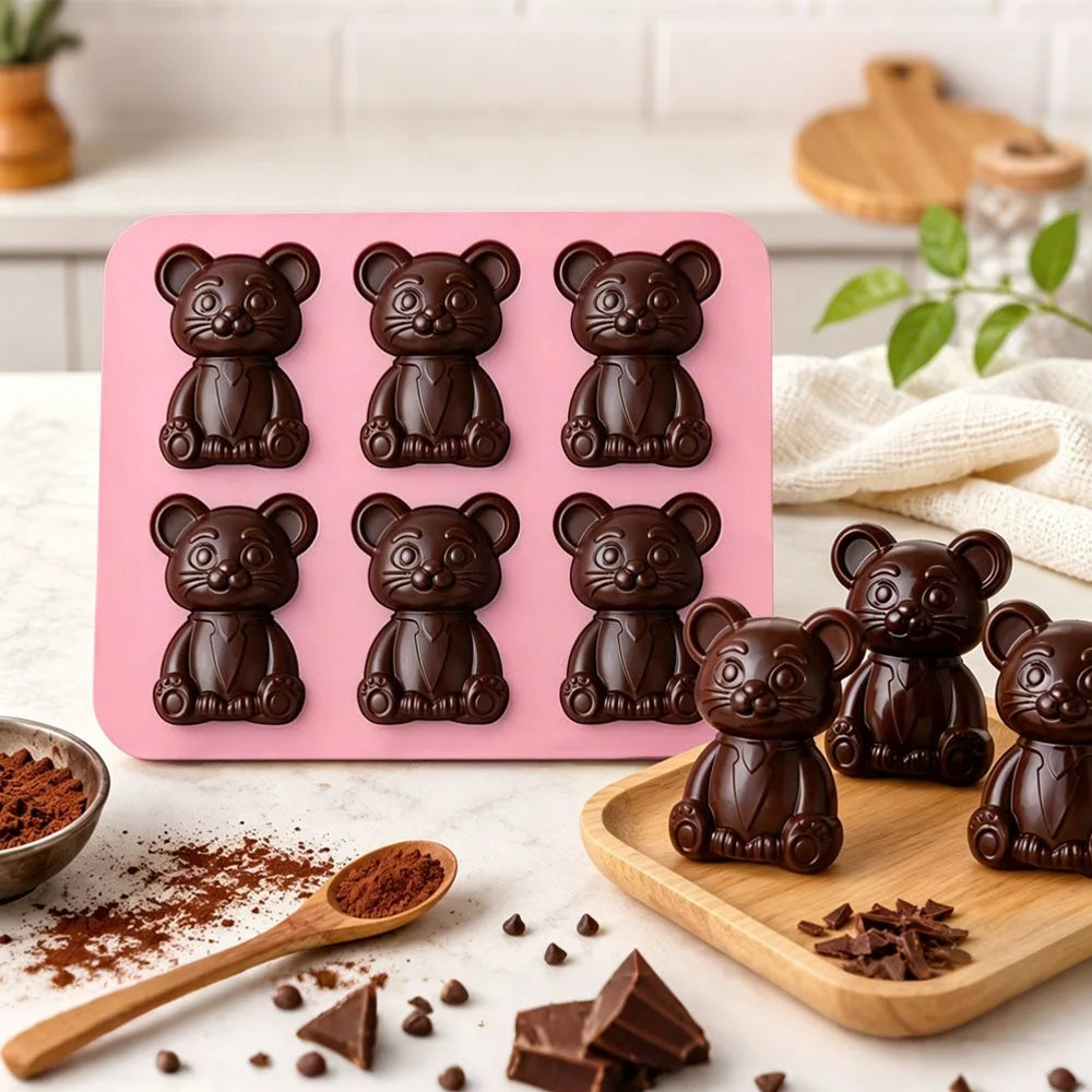 6 Grids Bear Ice Cube Tray Food Grade Silicone Ice Mold for Chocolate Jelly Pudding Baking (BPA Free, No FDA) - Pink - 2