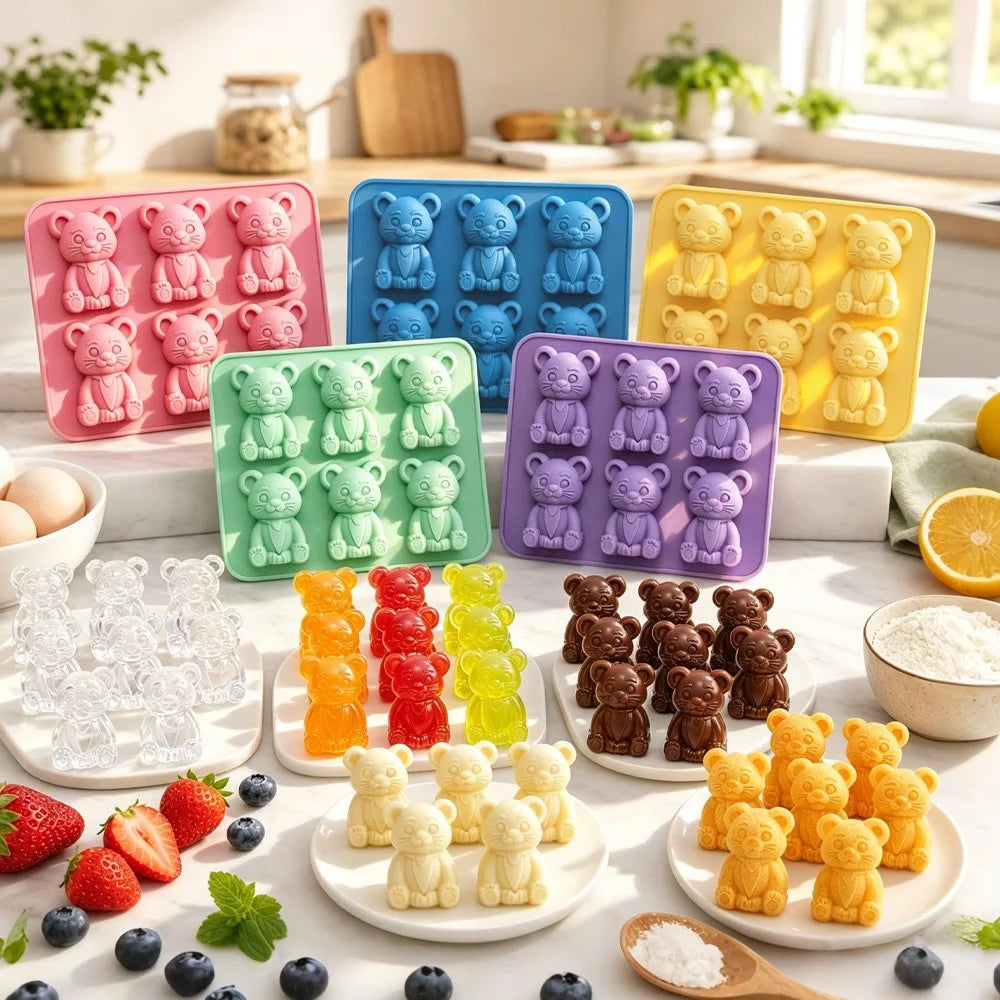 6 Grids Bear Ice Cube Tray Food Grade Silicone Ice Mold for Chocolate Jelly Pudding Baking (BPA Free, No FDA) - Pink - 6