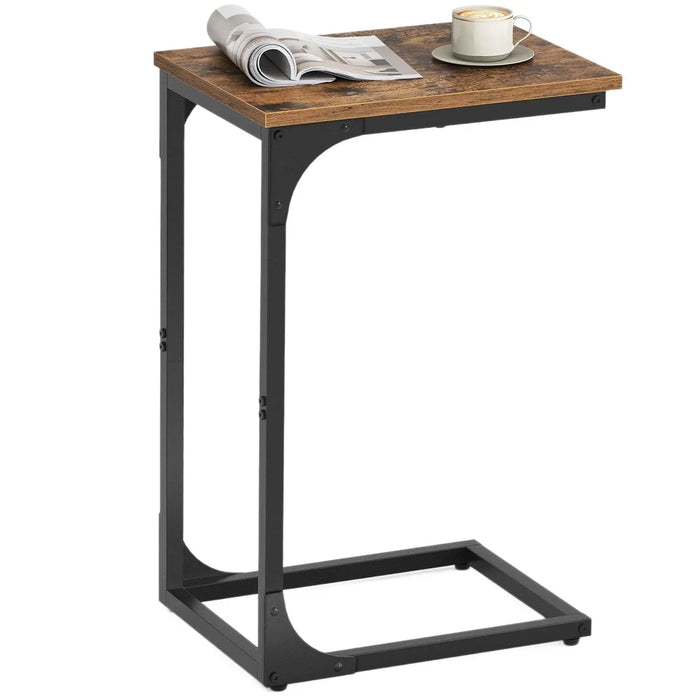 Industrial C-Shaped Side Table Wood Grain Top Sofa Bedside Table for Living Room Bedroom - 30x40x62cm - 1