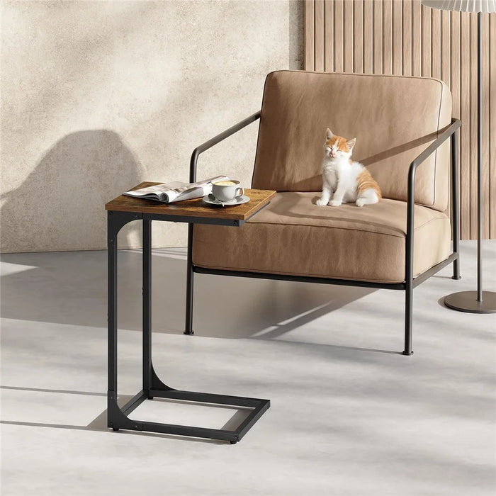 Industrial C-Shaped Side Table Wood Grain Top Sofa Bedside Table for Living Room Bedroom - 30x40x62cm - 2