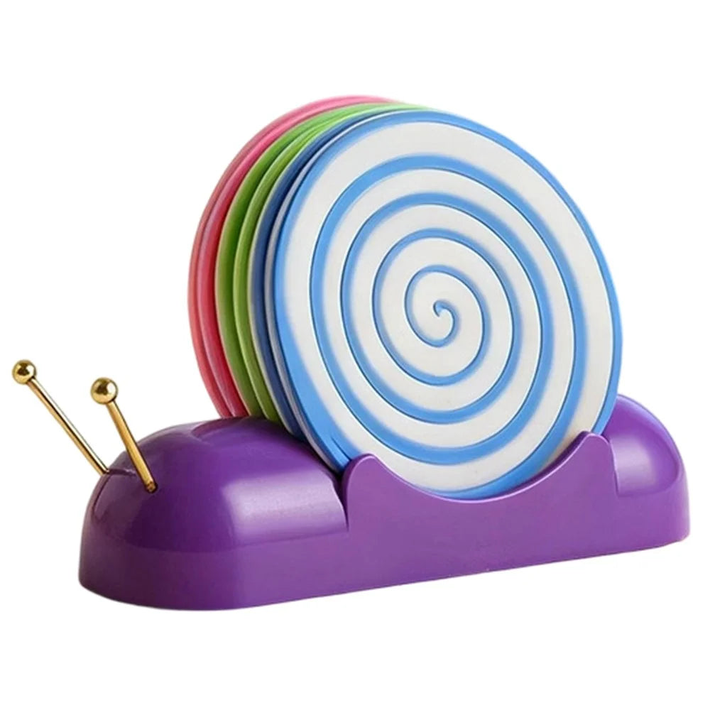 6Pcs Snail Coaster Set Silicone Non-Slip Heat Insulation Pad with Storage Rack for Table Decoration - Purple Storage Rack / 2xPink+2xGreen+2xBlue Coasters - 1