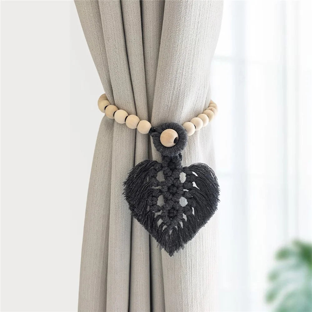 Macrame Curtain Tie Wood Beads Adjustable Cotton Rope Tiebacks Boho Nordic for Bedroom Living Room - Grey - 1