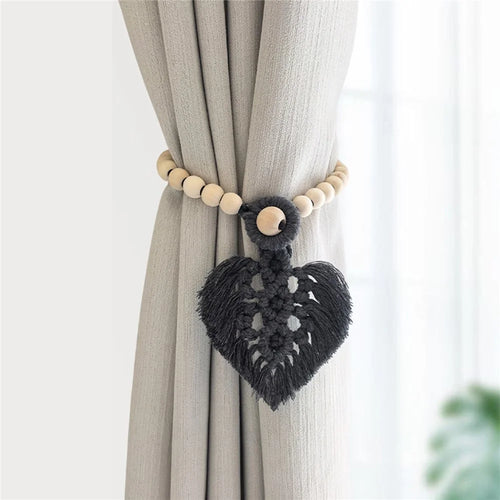 Macrame Curtain Tie Wood Beads Adjustable Cotton Rope Tiebacks Boho Nordic for Bedroom Living Room - Grey - 1