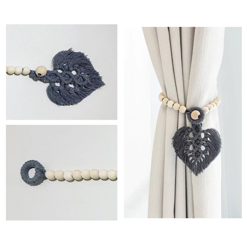 Macrame Curtain Tie Wood Beads Adjustable Cotton Rope Tiebacks Boho Nordic for Bedroom Living Room - Grey - 2