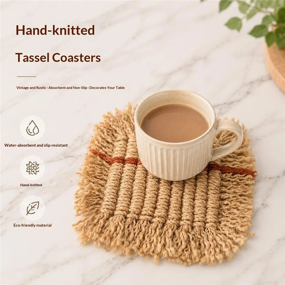 20x20cm Handwoven Cotton Linen Coaster with Tassels Bohemian Placemat Heat Resistant Pad for Kitchen Dining - Green - 2