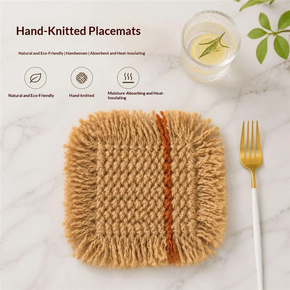 20x20cm Handwoven Cotton Linen Coaster with Tassels Bohemian Placemat Heat Resistant Pad for Kitchen Dining - Green - 3