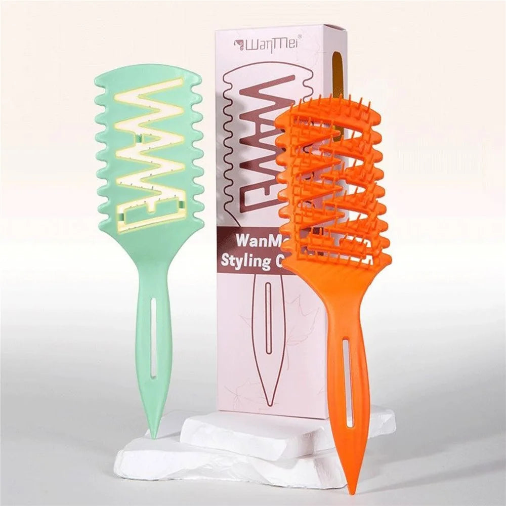 WANMEI Hollow Ventilated Styling Comb TPEE S-Wave Detangling Hair Brush with Anti-Slip Long Handle - Cyan - 4
